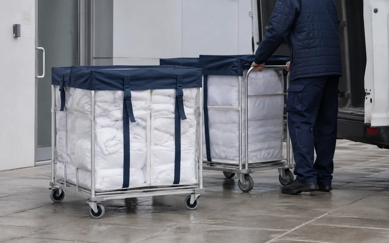 Naudotos tekstilės paėmimo proceso iliustracija