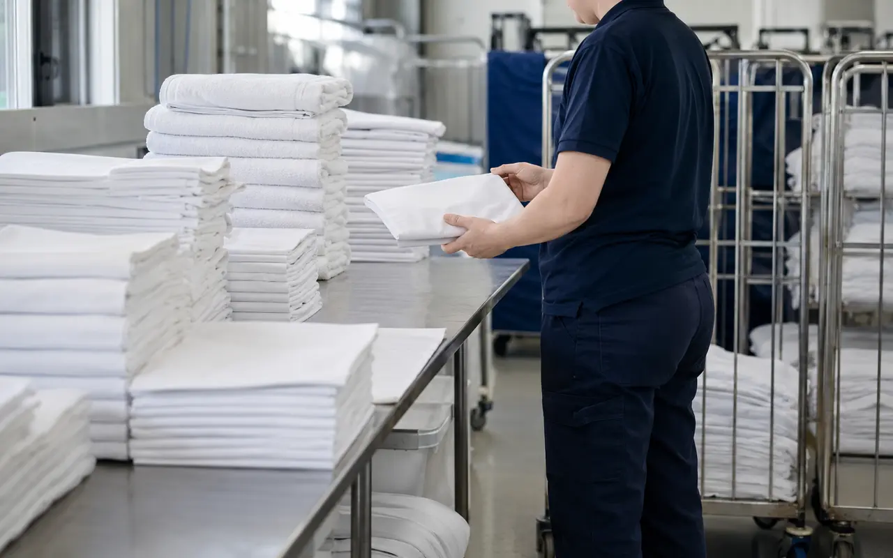 Švarios tekstilės apdailos ir kokybės patikros proceso iliustracija